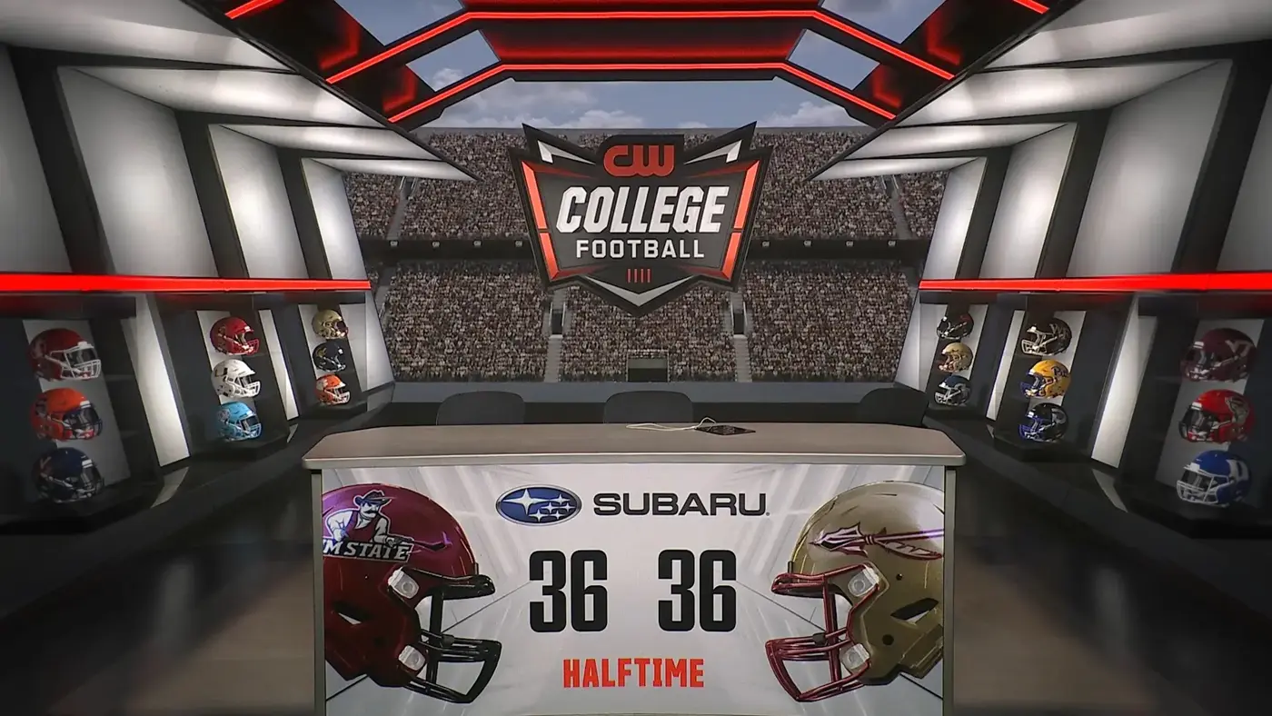 A virtual college football halftime studio set