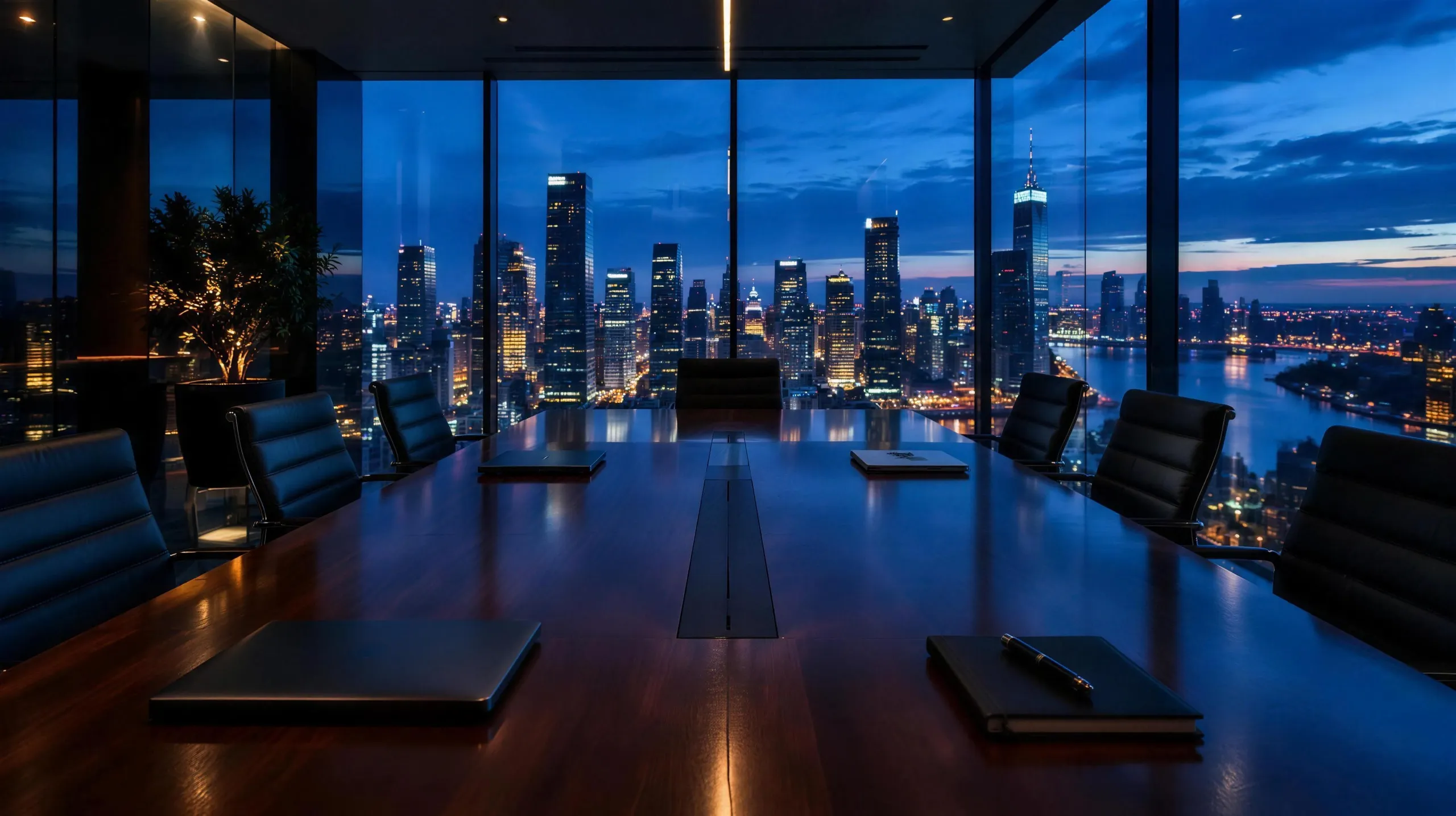 Modern boardroom overlooking a city skyline at dusk