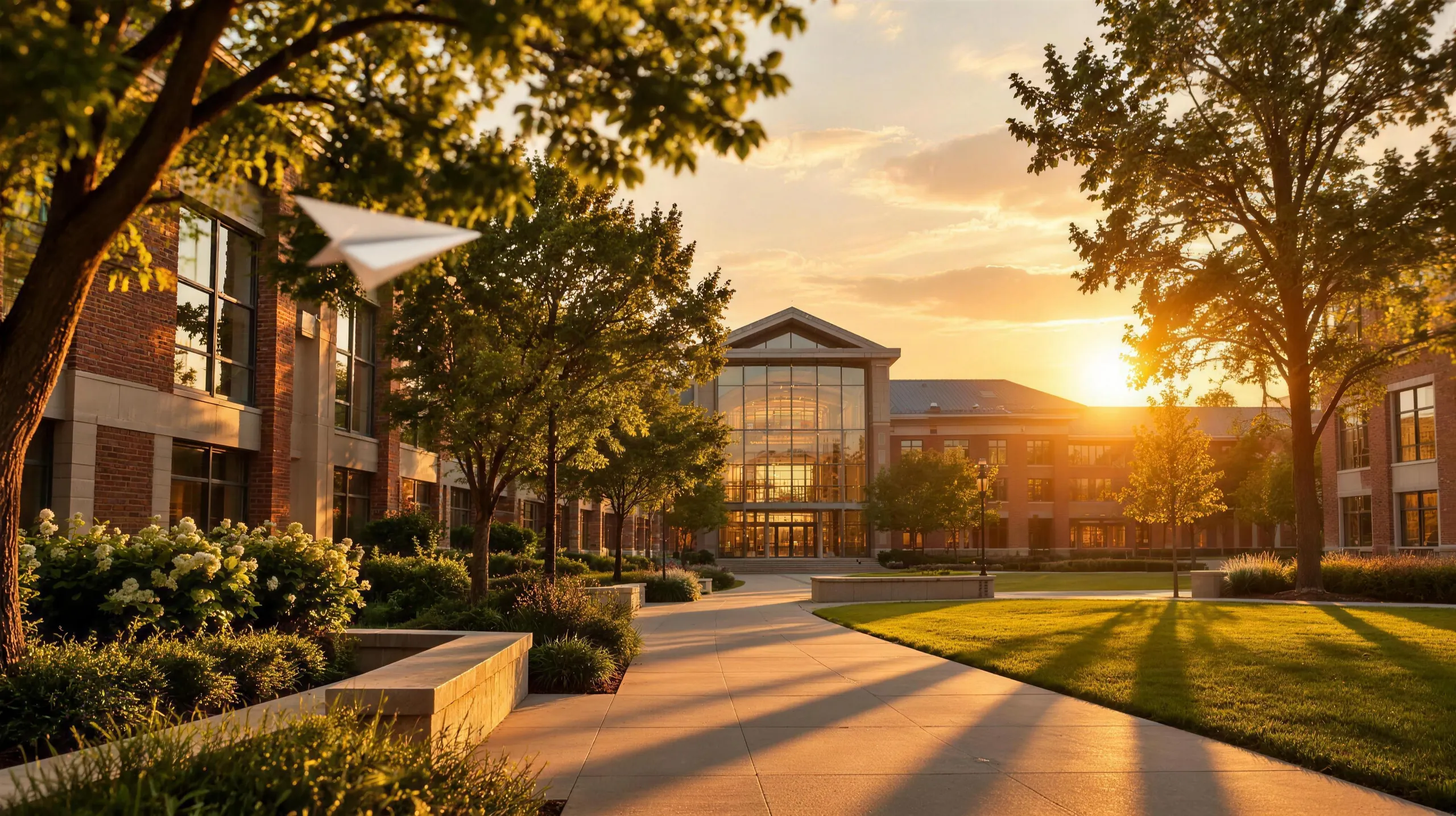 Private school campus at golden hour with a paper airplane gliding past