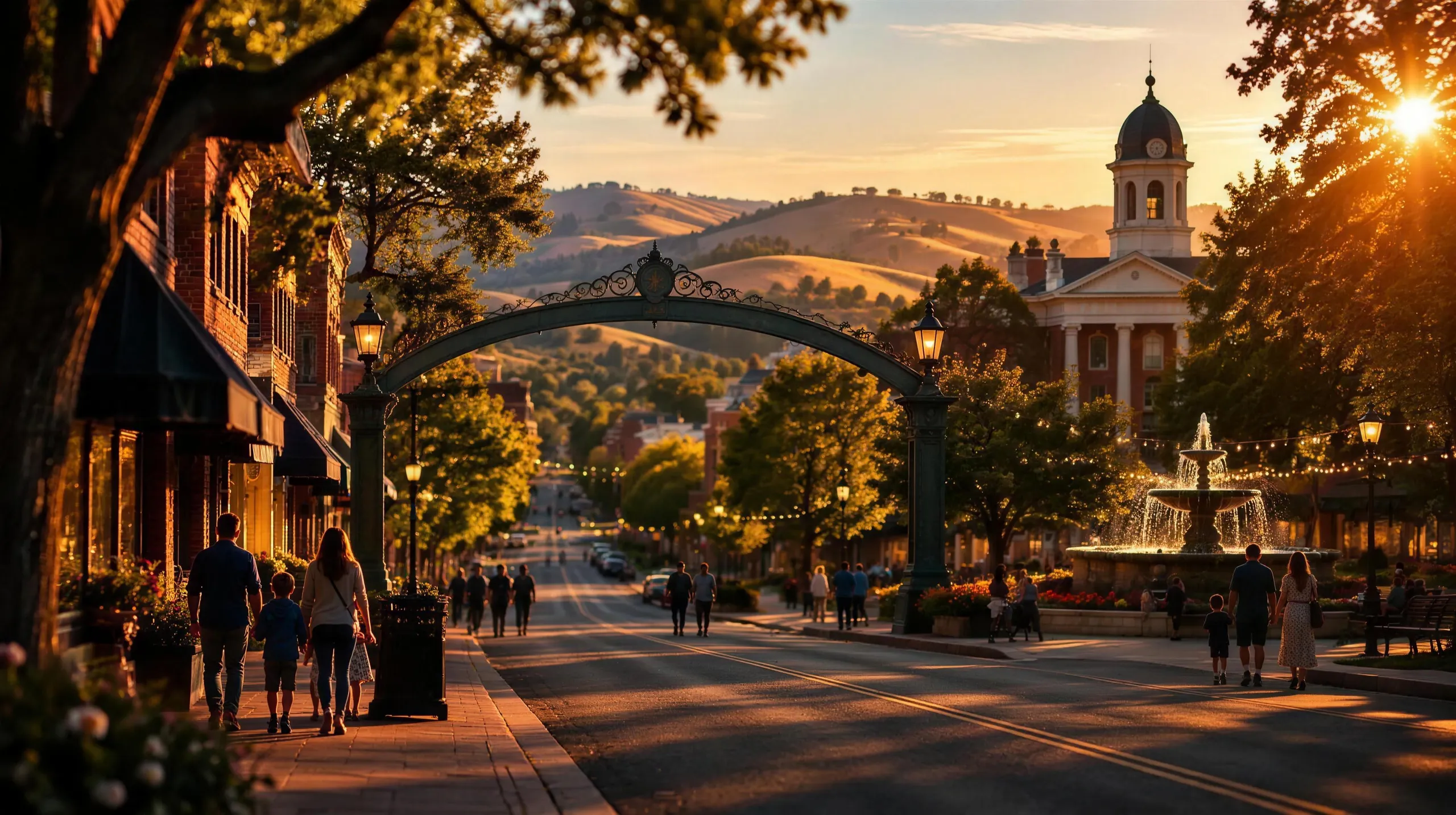Historic downtown main street with a civic arch and city hall at sunset