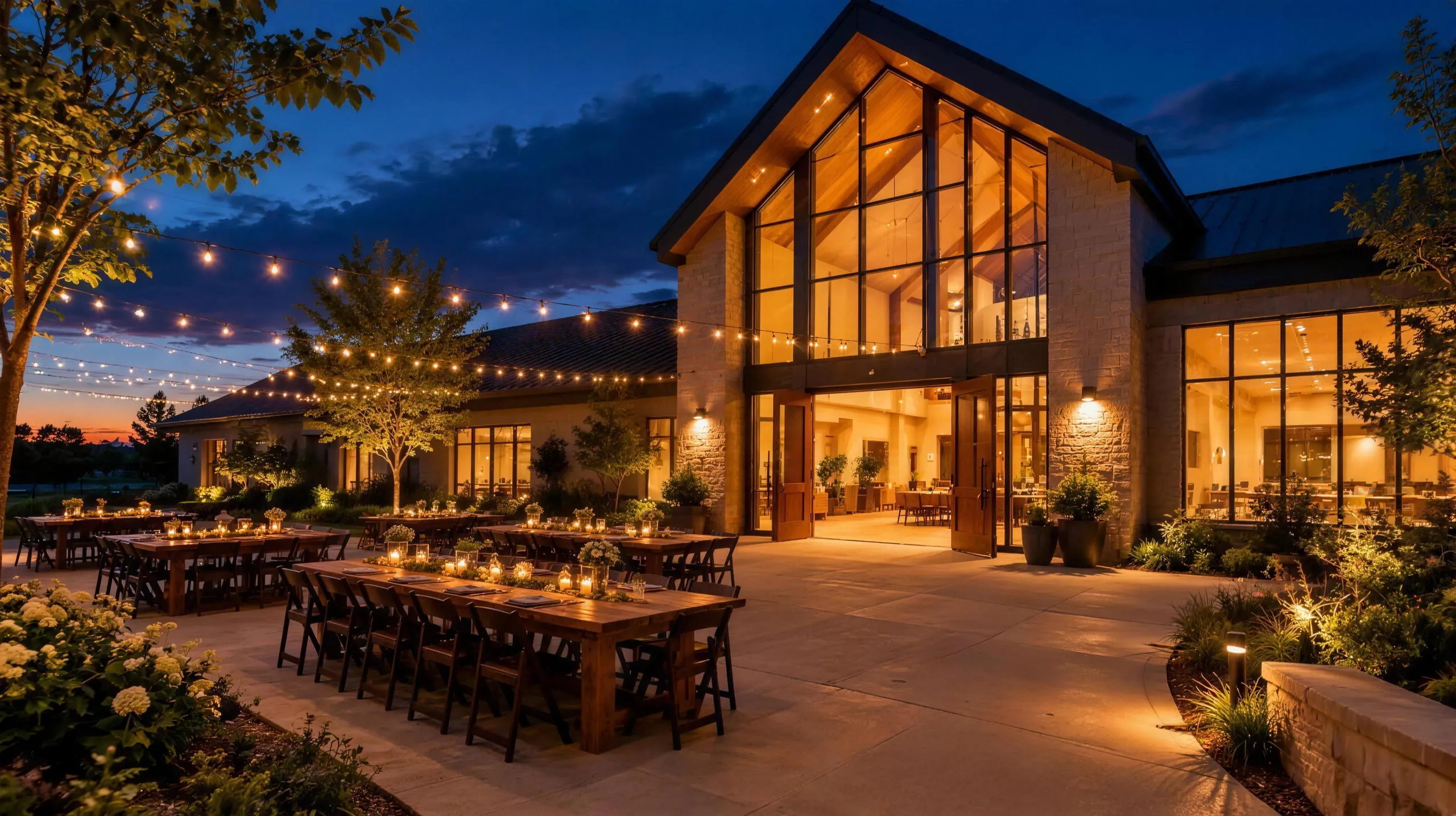 Community center courtyard with string lights at dusk