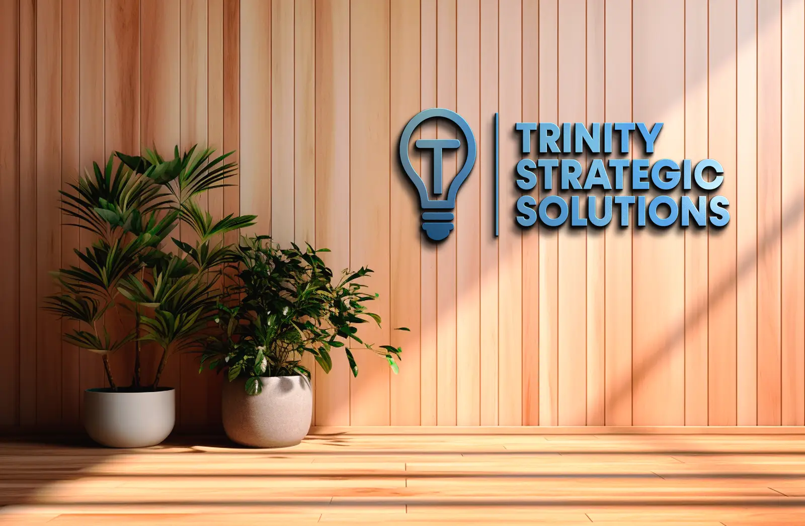 Trinity Strategic Solutions logo on the wood-paneled wall of the Pleasanton office