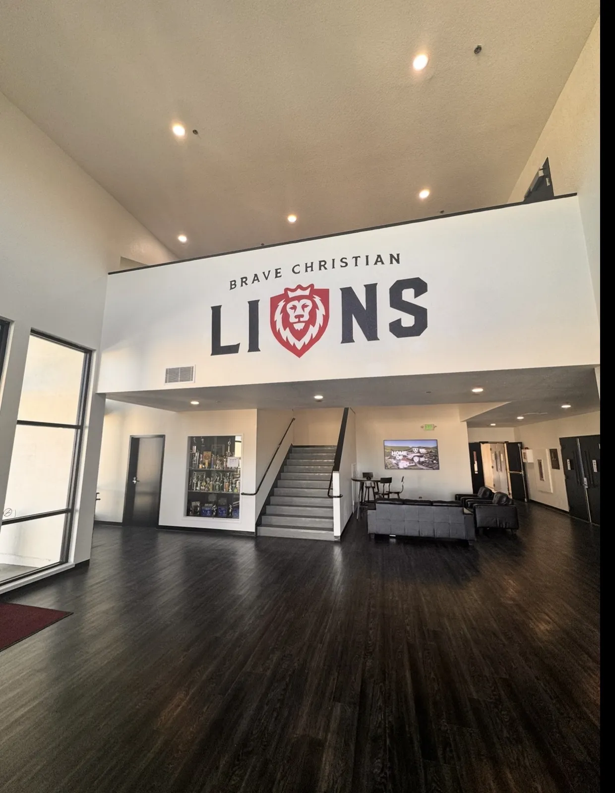 Brave Christian LIONS wall in the high school lobby