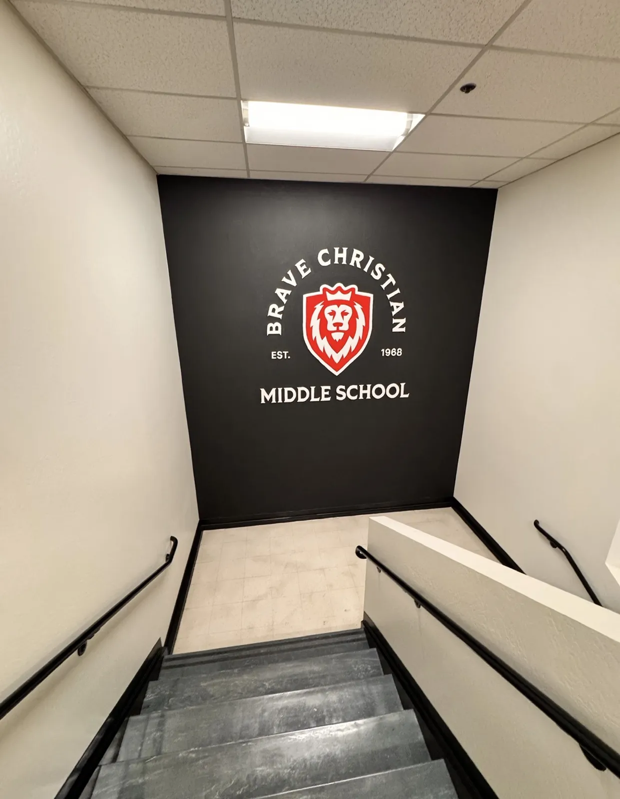 Stairwell leading to the Brave Christian Middle School mural