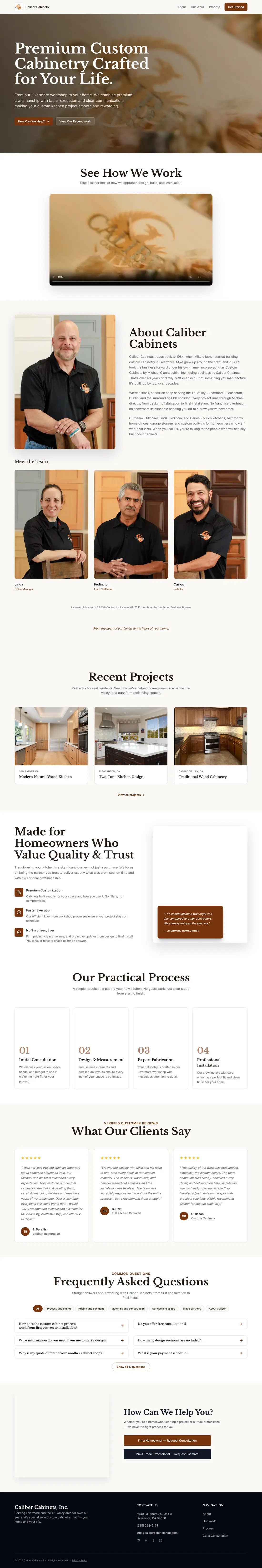 Full home page of calibercabinetshop.com designed by Trinity