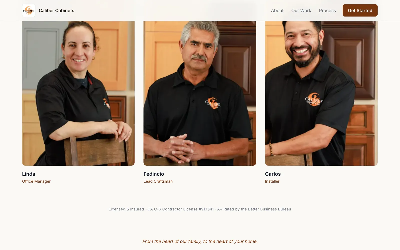 Caliber Cabinets team portraits on the new website
