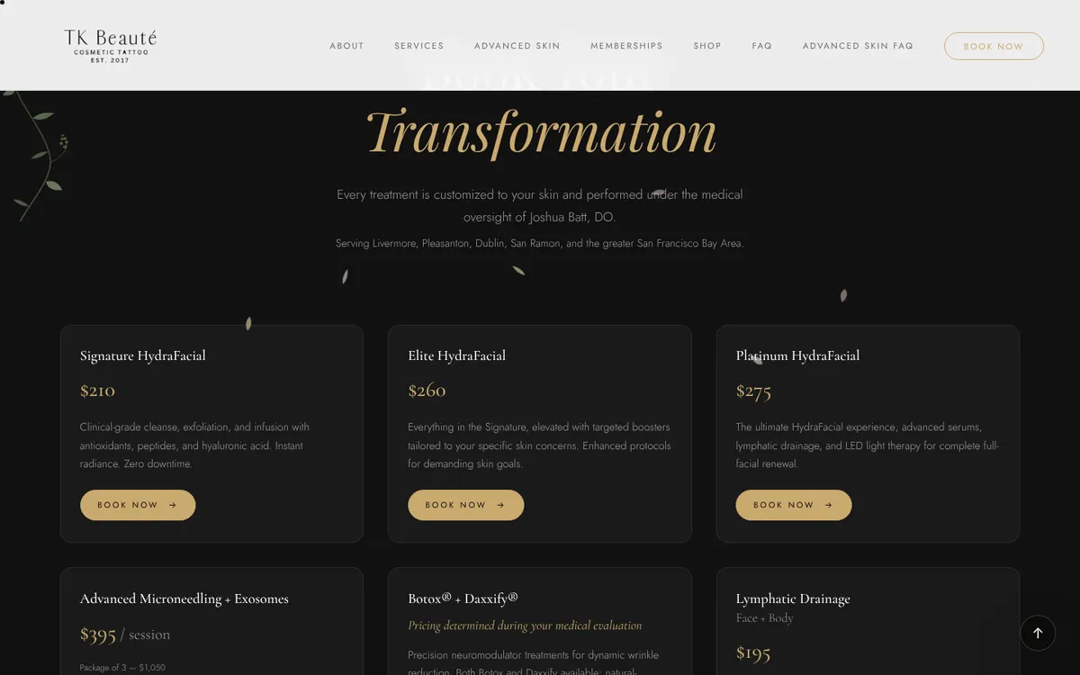 TK Beaute website by Trinity: memberships section